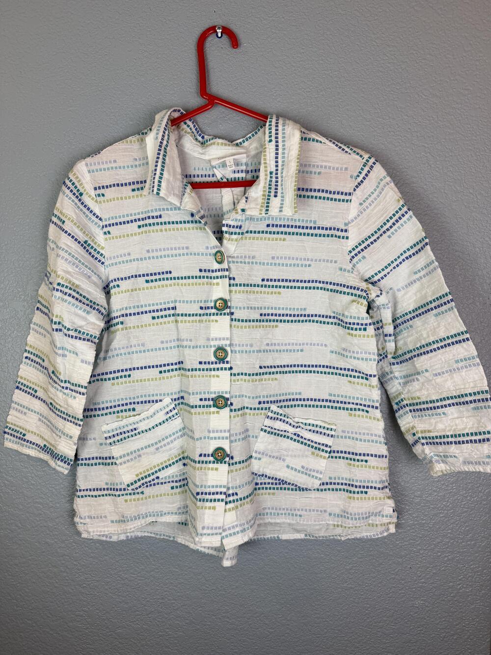 Habitat Shirt Womens Small White Blue Green Striped Button Front Pockets Casual